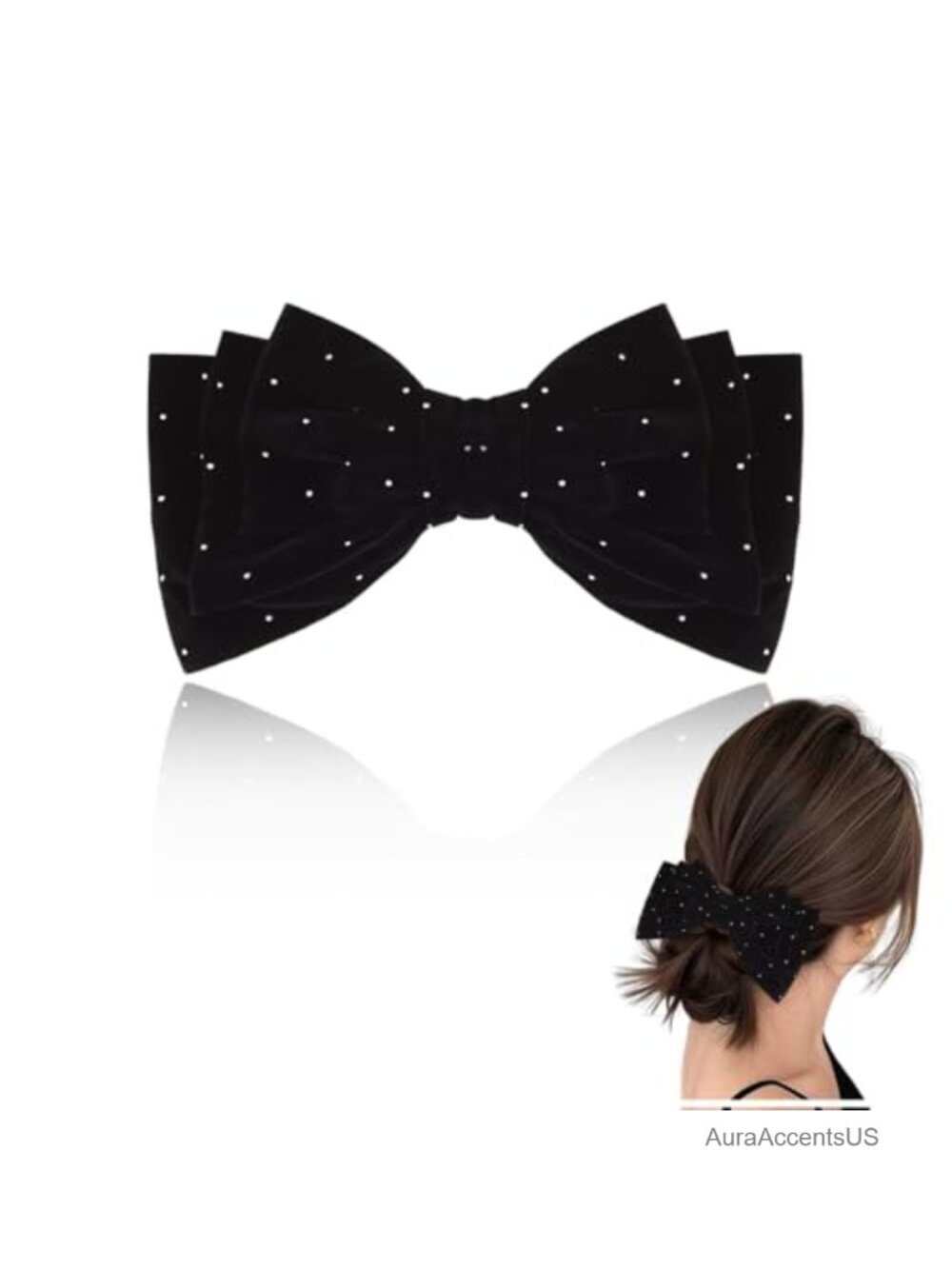 Oversized Velvet Rhinestone Hair Bow Barrette Layered Ponytail Clip Women
